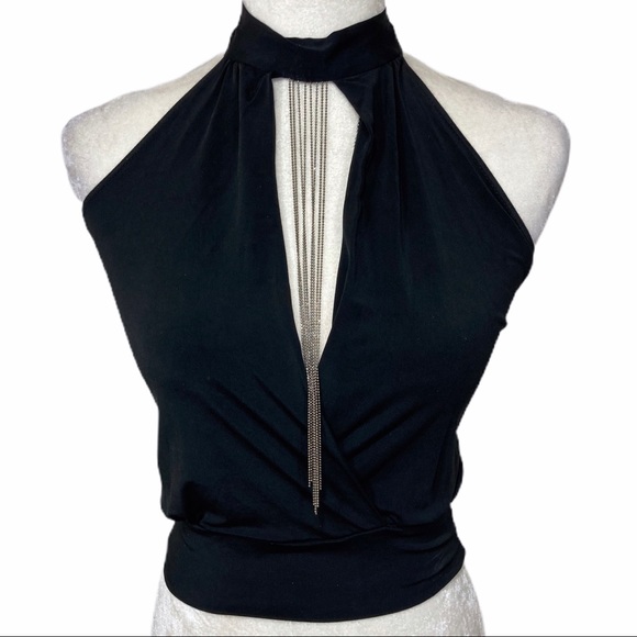LVL X Tops - LVL X black stretch knit silver fringe halter top